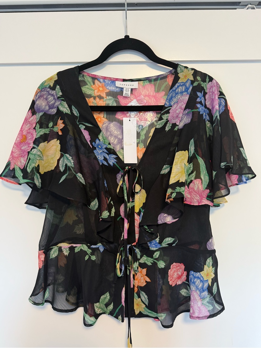Topshop Black Sheer Floral Tie-Front Ruffle Blouse